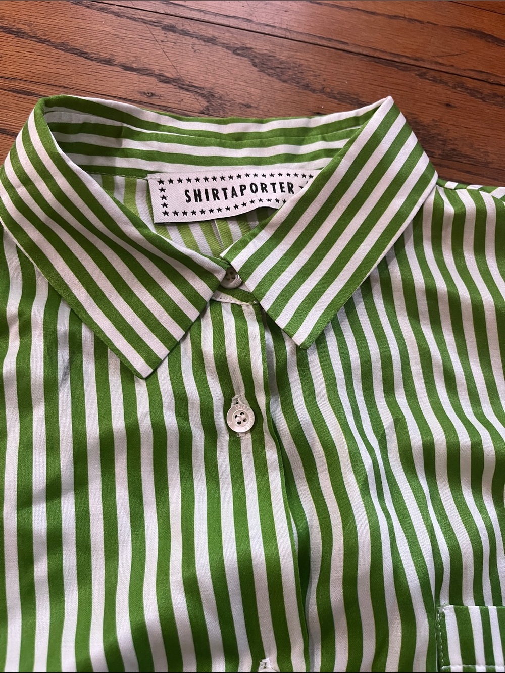 Women’s Green and White Striped Button-Down Shirt